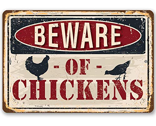 Chicken Coop Sign - Beware of Chickens - Funny Chicken Coop Sign - 8" x 12" or 12" x 18" Use Indoor/Outdoor on Coop - Great Chicken Owners Decor Gift Accessories