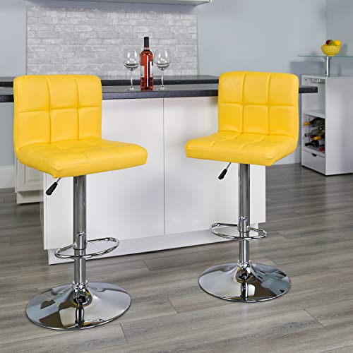 Flash Furniture Alexandra 2 Pack Contemporary Yellow Quilted Vinyl Adjustable Height Barstool with Chrome Base