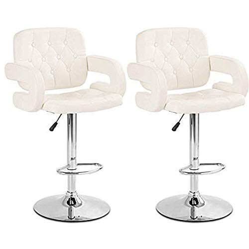 COSTWAY Bar Stools, Swivel PU Leather Barstools with Armrest Adjustable Hydraulic Pub Stools for Bistro Home Pub, Bar Stools Set of 2 (White)