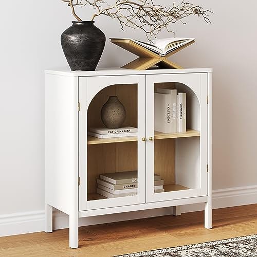 Nathan James Mason Storage, Buffet, Sideboard, Free Standing Accent Cabinet for Hallway, Entryway or Living Room, 1, Clear Glass/White/Light Oak