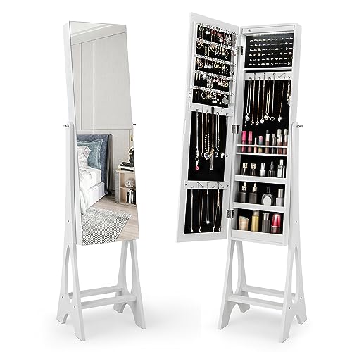 COSTWAY 12 LED Mirror Jewelry Cabinet, Freestanding Jewelry Storage Organizer w/Full Length Mirror, Large Capacity Jewelry Armoire w/Bottom Shelf, Mirror with Jewelry Storage for Women Girls (White)