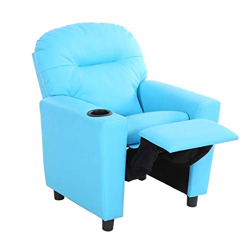 COSTWAY Contemporary Kids Recliner, PU Leather Lounge Furniture for Boys & Girls W/Cup Holder, Children Sofa Chair (Blue)