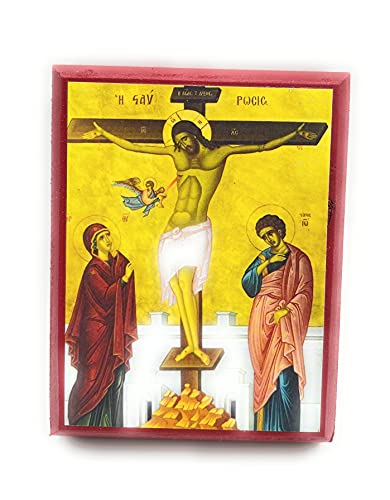 Wooden Greek Orthodox Christian Icon Jesus Christ Crucified on the Cross (3.5" x 4.5")