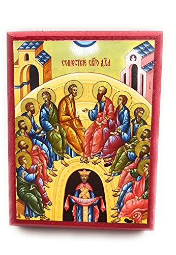 Wooden Greek Orthodox Christian Icon Pentecost Descent of Holy Spirit (3.5" x 4.5")