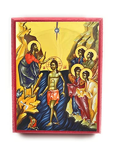 Wooden Byzantine Orthodox Christian Icon Theophany/Baptism of Jesus Christ in the River Jordan (3.5" x 4.5")