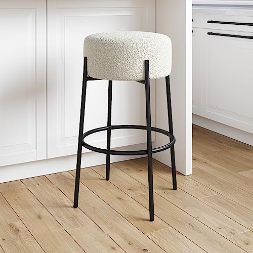 Nathan James Isaac 29" Modern Backless Bar Stool with Round Soft Padded Boucle Seat and Metal Mid-Century Base, Boucle White/Black