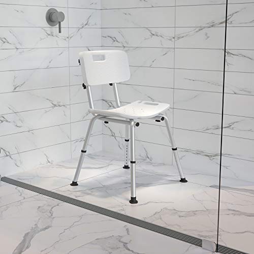 Flash Furniture HERCULES Series Tool-Free and Quick Assembly, 300 Lb. Capacity, Adjustable White Bath & Shower Chair with Back