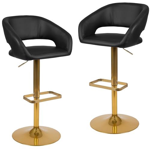 Flash Furniture Erik Comfortable & Stylish Contemporary Barstool with Rounded Mid-Back and Foot Rest, Adjustable Height - Black Vinyl with Gold Base, Set of 2