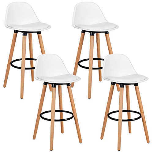 COSTWAY Bar Stools Set of 4, Modern Armless Kitchen Stool with Soft PU Leather Seat, Bar Height Stool with Round Metal Footrest & Comfortable Curved Backrest for Home, Dining Hall (White, 4)