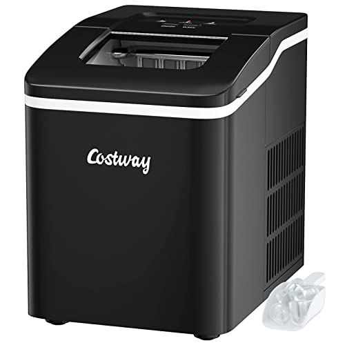 COSTWAY Countertop Ice Maker, 26Lbs/24H Portable Ice Machine with Self-Cleaning Function, Bullet Ice Cubes Ready in 8 Mins, Scoop and Removable Basket,Ice Maker for Home Party Bar, Black