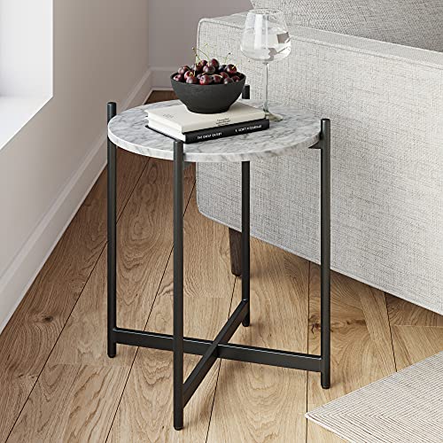 Nathan James Alexis Round Modern Accent, End Table with Metal Legs and Faux-Marble Tabletop for Living Bedroom and Nursery Room, 20 in x 20 in x 23 in, Side/Black