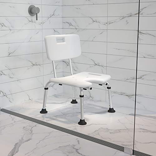 Flash Furniture HERCULES Series Tool-Free and Quick Assembly, 300 Lb. Capacity, Adjustable White Bath & Shower Chair with U-Shaped Cutout