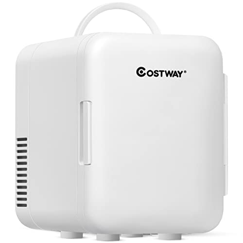 COSTWAY 4 Liter Mini Fridge, Portable Makeup Skincare Mini Cooler with Ergonomic Handle, AC/DC Powered, Fast Cooler and Warmer for Cars, Homes, Offices and Dorms (White)