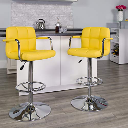 Flash Furniture Genna 2 Pack Contemporary Yellow Quilted Vinyl Adjustable Height Barstool with Arms and Chrome Base