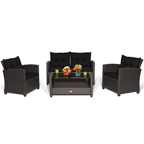 COSTWAY 4 PCS Patio Rattan Furniture Set Glass Table Shelf Sofa Cushion Black