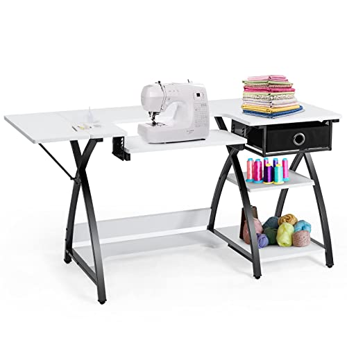 COSTWAY Adjustable Sewing Craft Table with Drawer, Multifunction Crafting Machine Desk with Storage, Sturdy Computer Desk with White Finish, Ideal for Indoor, Home