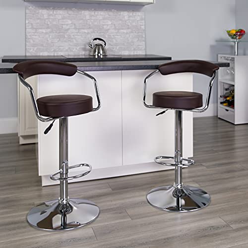 Flash Furniture Taft 2 Pack Contemporary Brown Vinyl Adjustable Height Barstool with Arms and Chrome Base