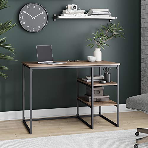 Nathan James Carson Industrial Small Home Office, Computer or Work Desk with 2 Open Storage Shelves, Reclaimed Oak Wood Finish with Metal, Rustic Brown/Black