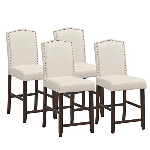 COSTWAY Bar Stools Set of 4, 25'' Upholstered Counter Height Bar Stools with S-Shaped Spring Thick Cushion, Rubber Wood Legs, High Back Leisure Chairs for Living, Kitchen, Dining Room (Beige, 4)