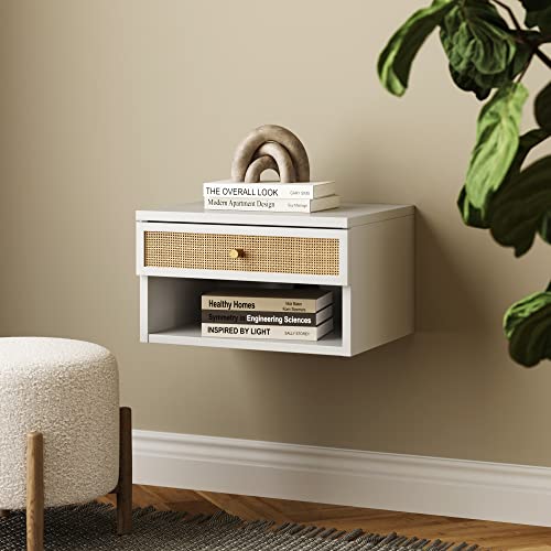 Nathan James Jackson Modern Floating Bedside Nightstand with Drawer, 1, White/Rattan