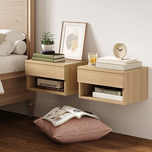 Nathan James Jackson Modern Floating Bedside Nightstand with Drawer, Set of 2, Light Oak - Set of 2