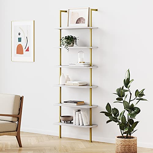 Nathan James Theo 6-Shelf Tall Modern Bookshelf, Wall Mount Ladder Shelf Bookcase with Wood and Industrial Metal Frame, White/Gold Brass