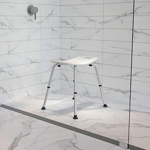 Flash Furniture HERCULES Series Tool-Free and Quick Assembly, 300 Lb. Capacity, Adjustable White Bath & Shower Chair with Non-slip Feet