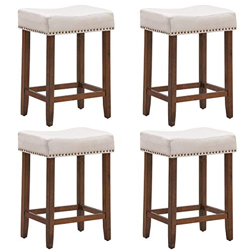 COSTWAY Counter Height Bar Stools Set of 4, 24-inch Height Backless Saddle Stools with Brass Nailhead Trim, Thick Cushion, Solid Wood Legs, Modern Bar Stools for Kitchen Island Bistro, Beige