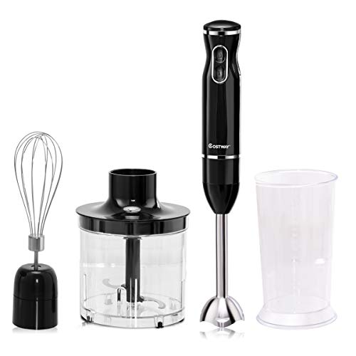 COSTWAY 4-in-1 Hand Blender 300W 2-Speed Electric Multifunctional Immersion Stick Blender w/ 500ml Food Chopper, Egg Whisk, and 700ml Beaker (Black)