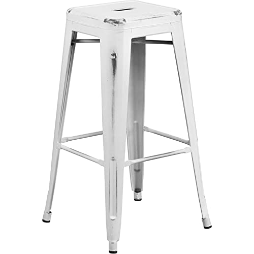 Flash Furniture Kai Commercial Grade 4 Pack 30" High Backless Distressed White Metal Indoor-Outdoor Barstool