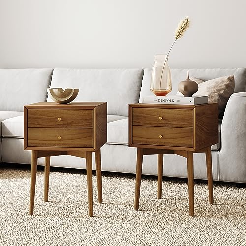 Nathan James Harper Modern Nightstand Side Accent or End Table with Storage Drawer, Set of 2, Oak Brown