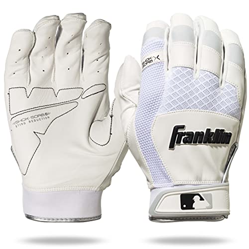 Franklin Sports 20965F1 Shok-Sorb X Batting Gloves, White/White, Adult Small