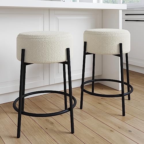 Nathan James Isaac 24" Modern Backless Bar Stool with Round Soft Padded Boucle Seat and Metal Mid-Century Base, Boucle White/Black, Set of 2