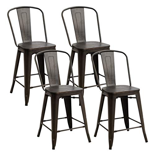 COSTWAY Tolix Style Dining Stools with Wood Seat and Backrest, Industrial Metal Counter Height Stool, Modern Stackable Kitchen Dining Bar Chairs Rustic, Copper (Height 24" *4PC)