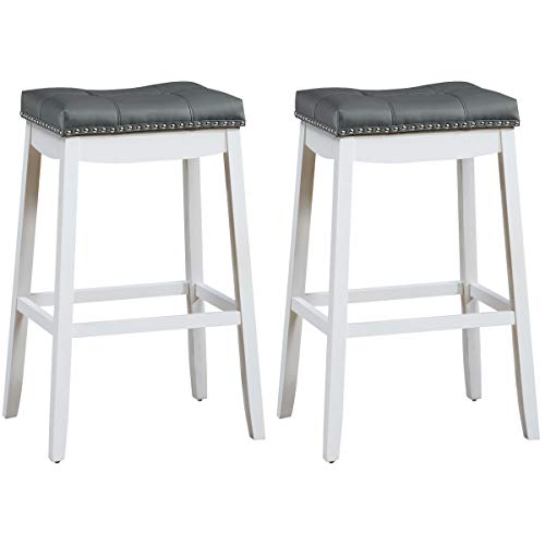 COSTWAY Bar Stools Set of 2, 29-Inch Height Backless Counter Stool with Footrest, Soft Seat Cushion, Wood Legs and Non-Slip Foot Pad, Saddle Stools for Home Kitchen Living Room, Stone Gray+White