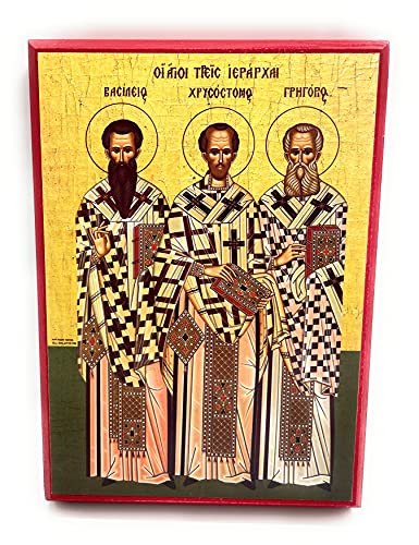 Wooden Greek Orthodox Christian Icon Three Hierarchs St.John Chrysostom St.Gregory The Theologian St.Basil (5.5" x 7.5")