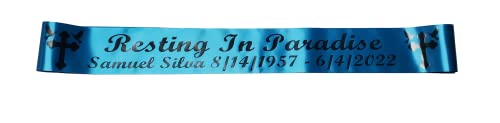 Personalized Memorial Funeral Sash Ribbon or Celebration of Life In Loving Memory for Casket or Wreath Flowers (Turquoise)