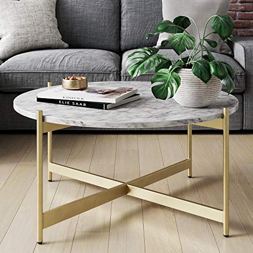 Nathan James Piper Faux White Marble Round Modern Living Accent Side or Coffee, Sofa Center Table for Dining Room/Tea with Metal Frame, Gold Brass