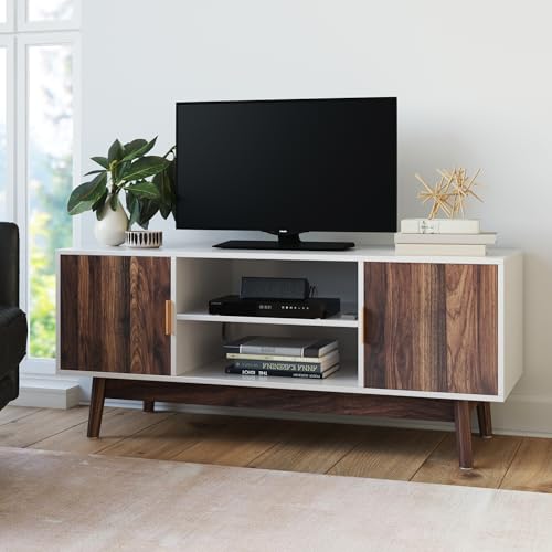 Nathan James Wesley Scandinavian TV Stand Media Console with Wooden Frame and Cabinet Doors, White/Walnut