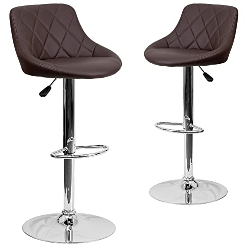 Flash Furniture Caldwell 2 Pack Contemporary Brown Vinyl Bucket Seat Adjustable Height Barstool with Diamond Pattern Back and Chrome Base