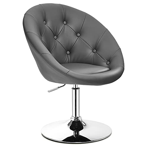 COSTWAY Vanity Chair, Contemporary Height Adjustable Makeup Chair with Chrome Frame, Tufted Round-Back, Modern Swivel Accent Chair for Lounge, Pub, Bar (1 pc, Grey)