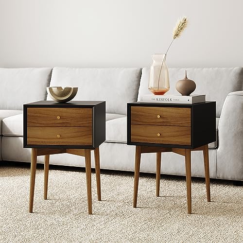 Nathan James Harper Modern Nightstand Side Accent or End Table with Storage Drawer, Set of 2, Black/Brown