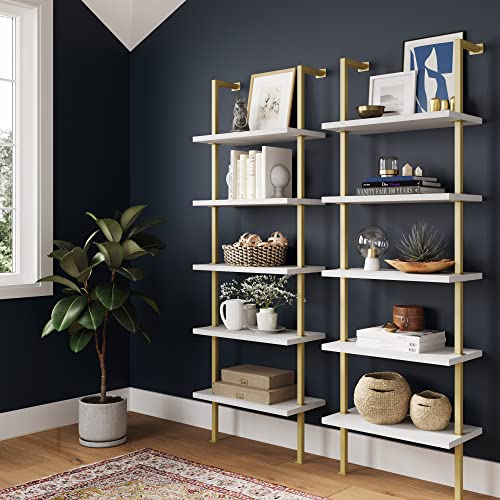 Nathan James 66001 Theo 5-Shelf Gold, Ladder Bookcase with Gold/Brass Metal Frame, White, Set of 2