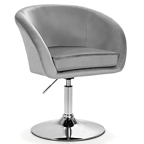 COSTWAY Vanity Chair, Height Adjustable Modern Velvet Makeup Chair with Chrome Frame, Round-Back, Comfortable Swivel Accent Leisure Chair for Living Room, Bedroom (Grey)