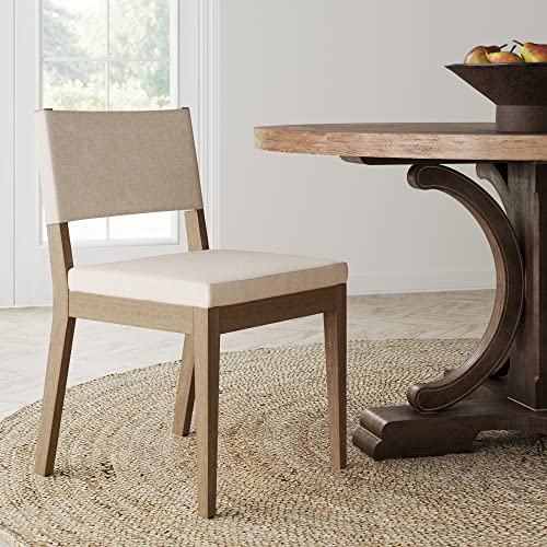 Nathan James Linus Modern Upholstered Dining Chair with Solid Rubberwood Legs in a Wire-Brushed Light Brown Finish, Natural Flax/Brown