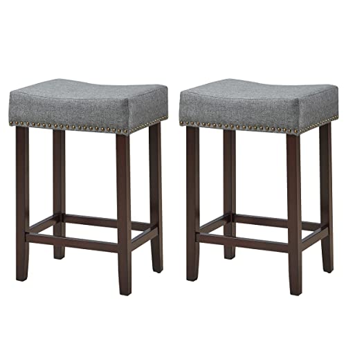 COSTWAY Saddle Stools Set of 2, 24-inch Counter Height Backless Stools with Brass Nailhead Trim, Solid Wood Legs, Foot Rest, Max Load 264 Lbs, Upholstered Bar Chair for Kitchen Island Pub, Grey