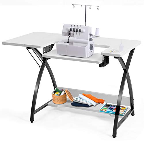 COSTWAY Sewing Craft Table, Adjustable Multifunction Crafting Machine Desk with Storage, Sturdy Computer Desk with White Finish, Ideal for Home Indoor