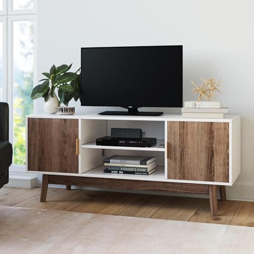 Nathan James Wesley Scandinavian TV Stand Media Console with Wooden Frame and Cabinet Doors, White/Rustic Oak