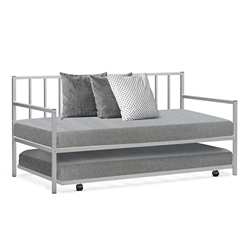 COSTWAY Twin Size Daybed and Trundle, Metal Frame Daybed and Roll Out Trundle w/Steel Slat Support & 4 Lockable Casters, Heavy-Duty Daybed for Guest Room, Bedroom (Sliver)