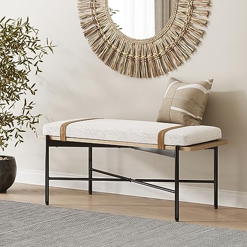 Nathan James Thatcher Mid-Century Wood Entryway Bench Seat, White Boucle/Light Oak/Matte Black